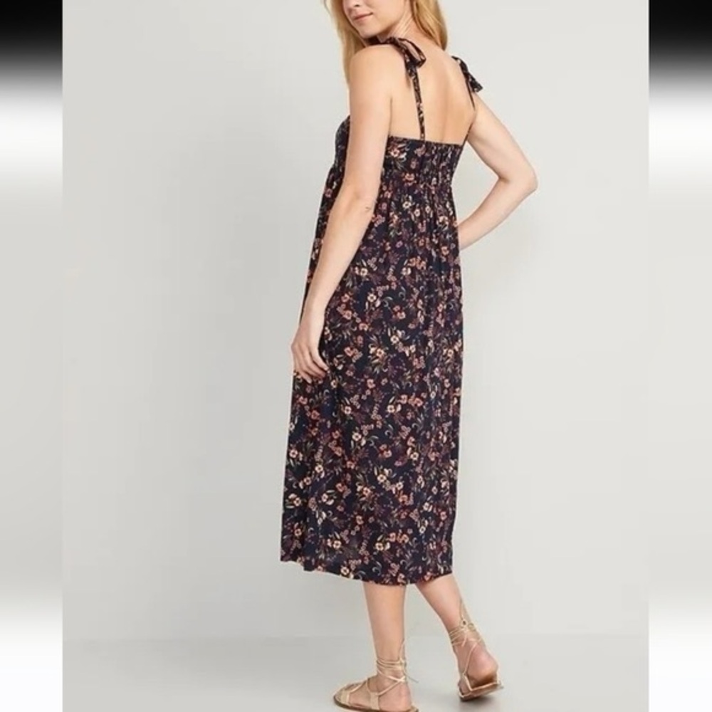 Navy Floral Print Midi Swing Tie Shoulder Square Neck Casual Flowy Summer Dress - Picture 2 of 16